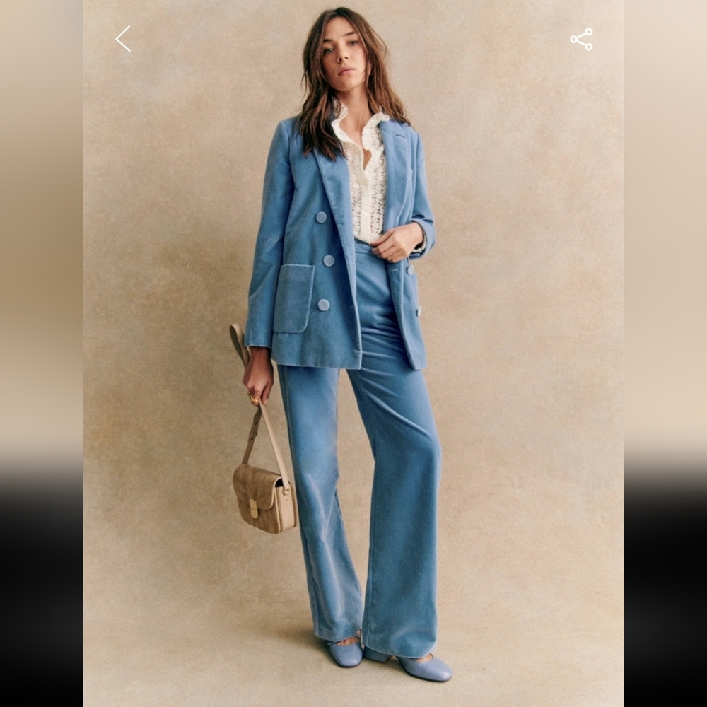 Sezane Michelle 100% Organic Cotton Iceberg Blue Velvet Jacket